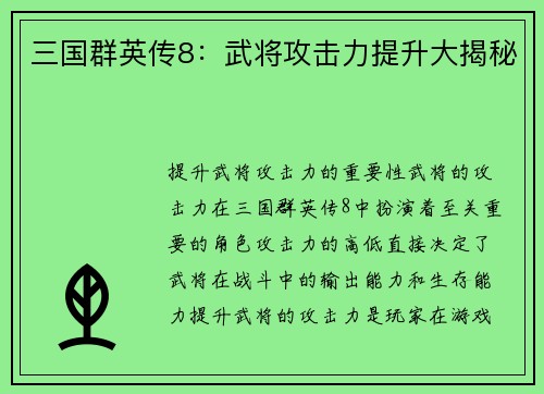 三国群英传8：武将攻击力提升大揭秘