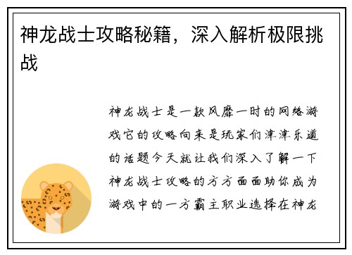 神龙战士攻略秘籍，深入解析极限挑战